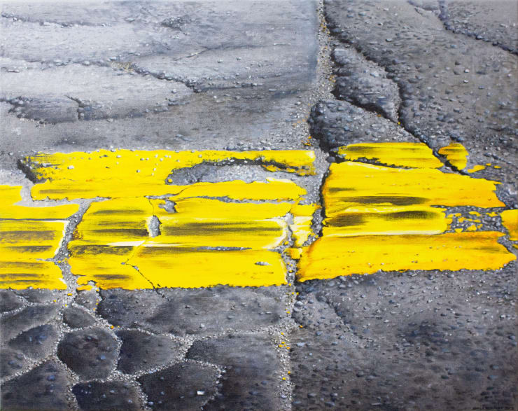 photorealistic painting of a street with yellow paint