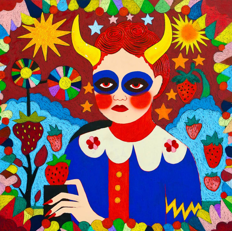 painting of a girl with devil horns holding a strawberry