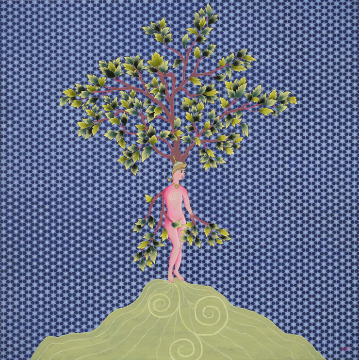 Primordial Power, 2022 Hand-made paint (minerals, plant and modern pigments), acrylic, Austrian crystal on linen canvas, framed in hand-painted tray frame. 100 x 100 x 5 cm 39 3/8 x 39 3/8 x 2 in