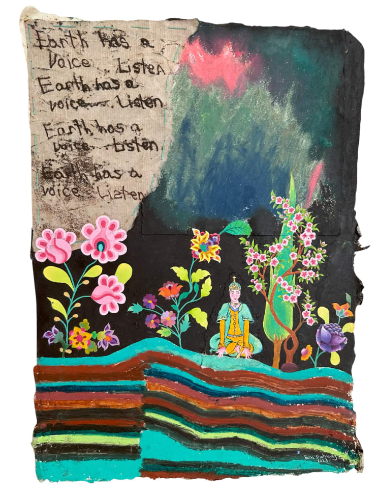 Earth Has a Voice ... Listen, 2023 Oil pastel, oil paint, monotype print, walnut ink on hand-made mulberry and silk paper 48 x 35 cm 18 7/8 x 13 3/4 in