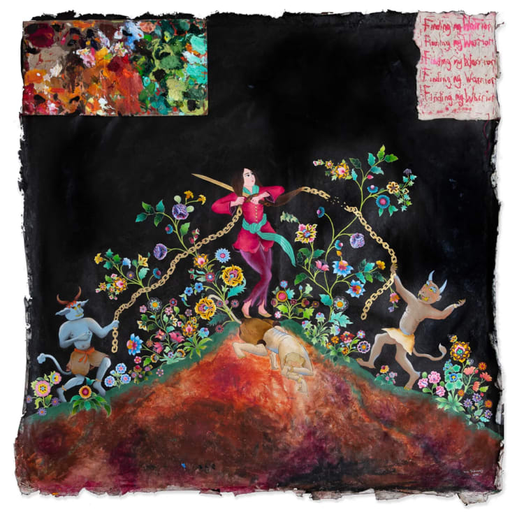 Finding My Warrior, 2024 Oil paint, oil pastel, raw pigment, cardboard, and monotype print on handmade mulberry and silk paper 100 x 100 cm 39 3/8 x 39 3/8 in