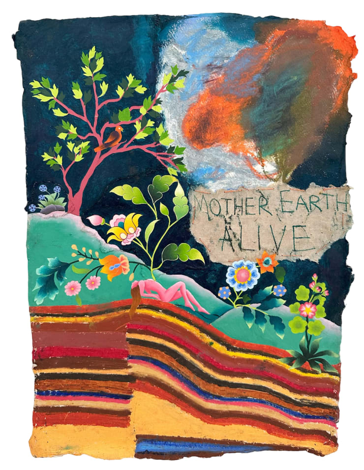 Mother Earth Alive, 2023 Oil pastel, oil paint, monotype print, walnut ink on hand-made mulberry and silk paper 48 x 35 cm 18 7/8 x 13 3/4 in