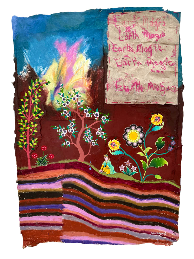 Earth Magic, 2023 Oil pastel, oil paint, monotype print, Austrian crystal, walnut ink on hand-made mulberry and silk paper 56 x 40 cm 22 x 15 3/4 in