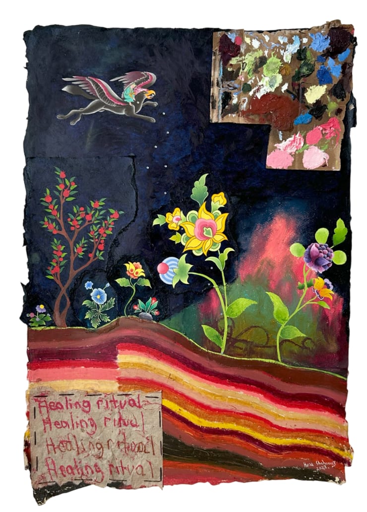 Healing Ritual, 2023 Oil pastel, oil paint, monotype print, cardboard, Austrian crystals, paper collaged onto hand-made mulberry and silk paper 56 x 40 cm