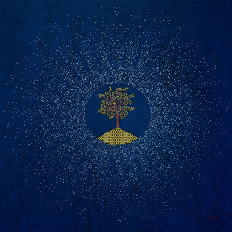 Sending Miracles to Mother Earth, 2022 Hand-made paint (minerals, plant and modern pigments), acrylic, Austrian crystals on linen canvas, framed in hand-painted tray frame. 100 x 100 x 5 cm 39 3/8 x 39 3/8 x 2 in