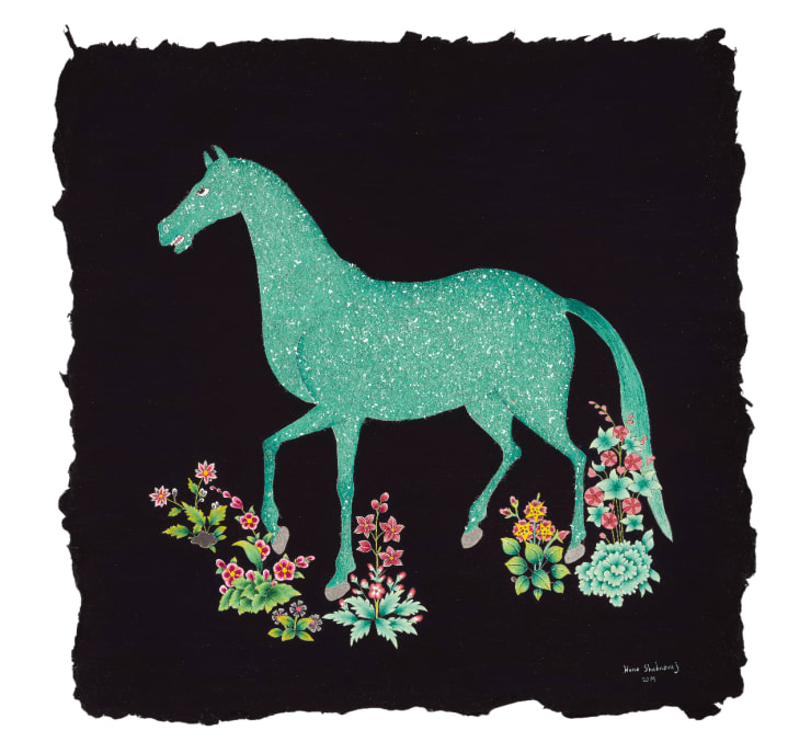 Earth Horse, 2019 Hand-made paint, 24k gold, diamond dust on hand-made paper. 37 x 37 cm 14 5/8 x 14 5/8 in