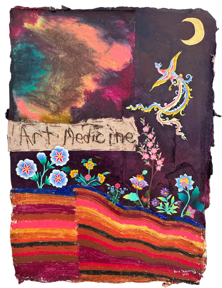 Art Medicine, 2023 Oil Pastel, oil paint, walnut ink on hand-made mulberry and silk paper 48 x 35 cm