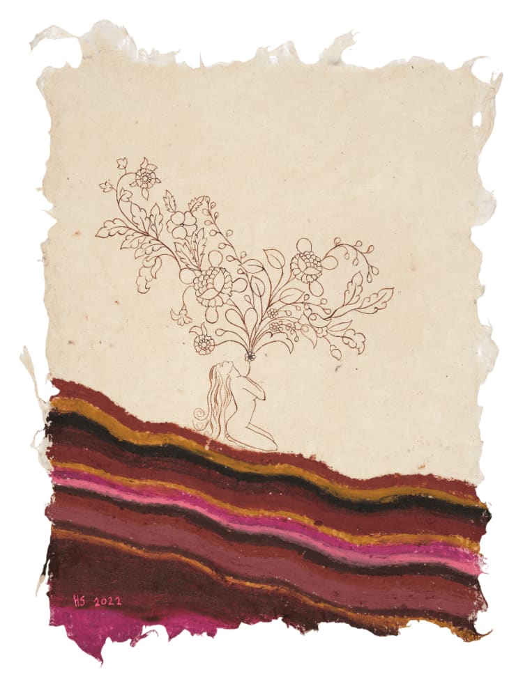 My Heart is Open, 2022 Oil pastel, walnut ink on hand-made mulberry and silk paper 30 x 24 cm