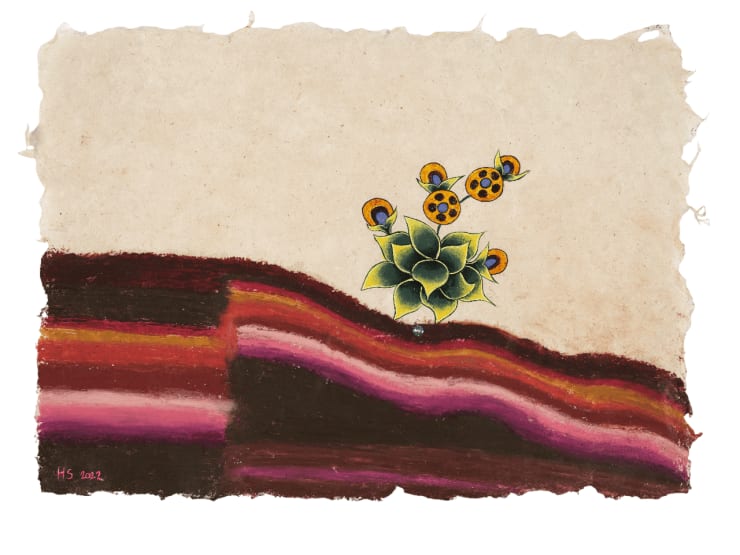 Flowers for Healing: 396 Hz - Liberating one from Guilt and Fear, 2022 Oil pastel, hand-made paint (minerals, plant and modern pigments) acrylic, Austrian crystal on hand-made Mulberry and Silk paper. 21 x 28.9 cm 8 1/4 x 11 3/8 in