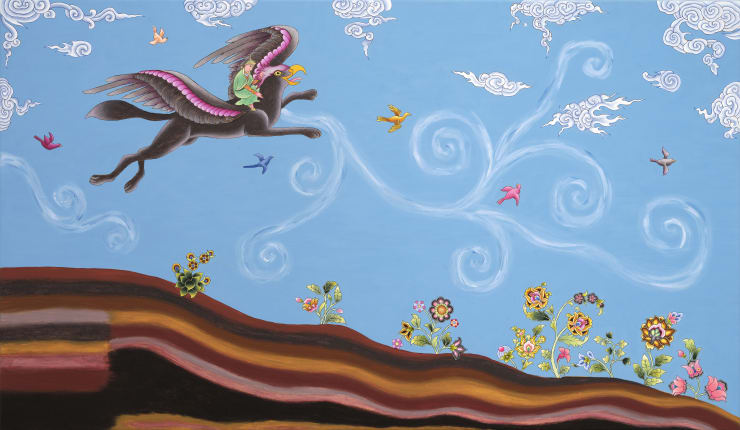 I Want to Heal the Earth with You, 2022 Hand-made paint (minerals, plant and modern pigments), acrylic, Austrian crystals on linen canvas, framed in hand-painted tray frame. 70 x 120 x 5 cm 27 1/2 x 47 1/4 x 2 in