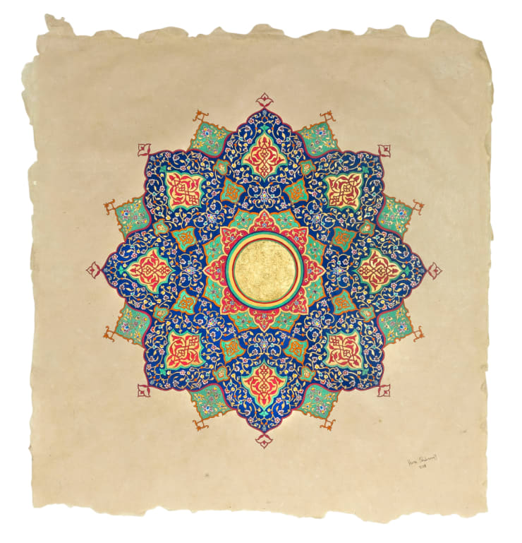 Lapis Lazuli Sun, 2018 Handmade and Hand-Ground Pigments, Foraged Natural Pigments, 24ct Gold on Handmade Mulberry and Silk Paper 53 x 51 cm 20 7/8 x 20 1/8 in