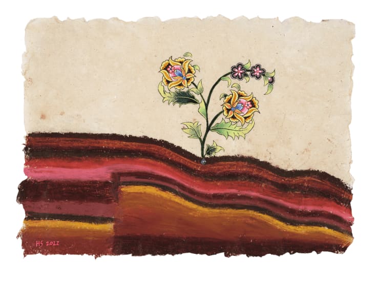 Flowers for Healing: 639 Hz - Relationships and Reconnecting, 2022 Oil pastel, hand-made paint (minerals, plant and modern pigments) acrylic, Austrian crystal on hand-made Mulberry and Silk paper 21 x 29 cm 8 1/4 x 11 3/8 in