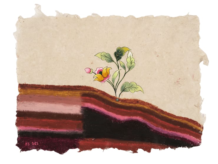 Flowers for Healing: 417 Hz - Facilitating Change and Undoing Situations, 2022 Oil pastel, hand-made paint (minerals, plant and modern pigments), acrylics, Austrian crystal on hand-made mulberry and Silk paper 21 x 28.9 cm 8 1/4 x 11 3/8 in