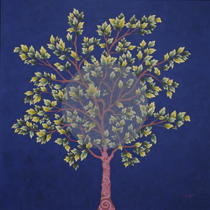 Cosmic Seed Magic, 2022 Hand-made paint (minerals, plant and modern pigments), acrylic, Austrian crystals on linen canvas, framed in hand-painted tray frame. 100 x 100 x 5 cm 39 3/8 x 39 3/8 x 2 in