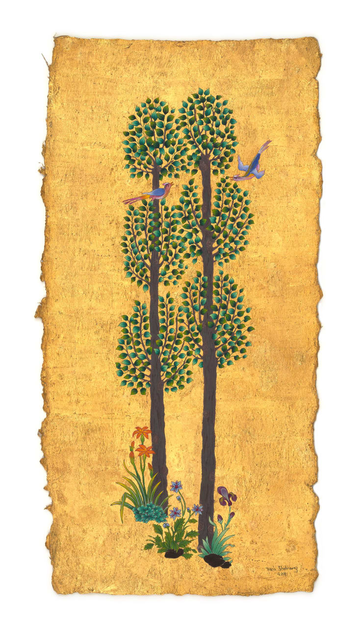 A Perch for a Song, 2019 Hand-made paint, 24 ct gold on hand-made paper 53.5 x 27 cm