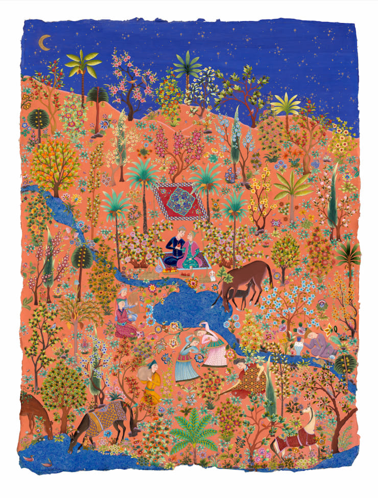 A Love Poem Beneath the Stars, 2025 Hand-made paint (minerals, plants and earth), watercolour, 24ct gold on wasli hemp paper 121 x 91 cm 47 5/8 x 35 7/8 in