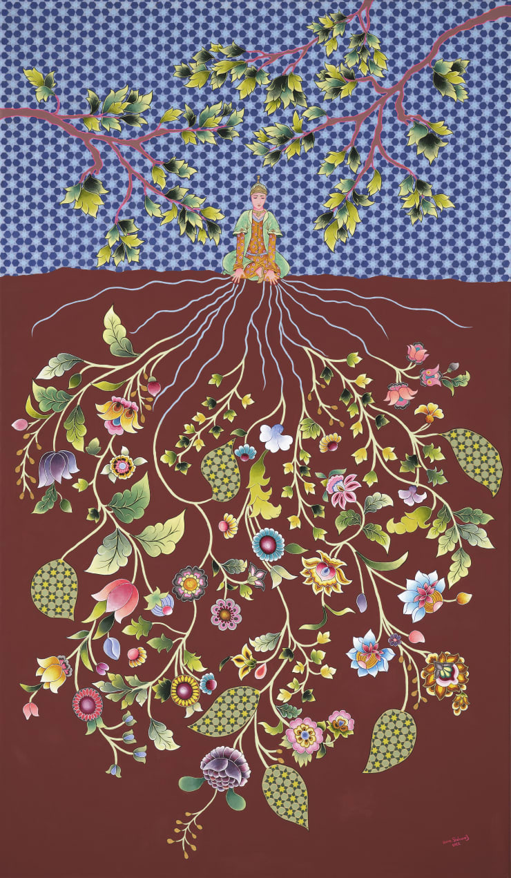 She Bleeds Life into the Veins of the Earth, 2022 Hand-made paint (minerals, plant and modern pigments), acrylic, Austrian crystal on linen canvas, framed in hand-painted tray frame 120 x 70 x 5 cm 47 1/4 x 27 1/2 x 2 in