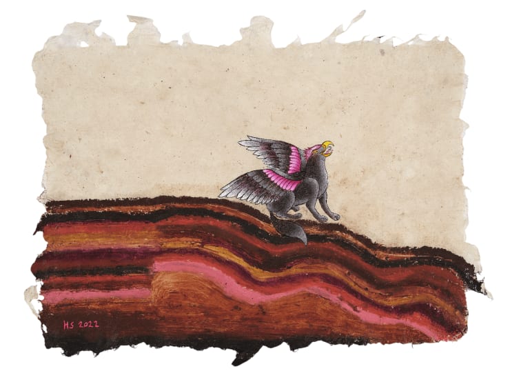 Catching Magic Seeds, 2022 Oil pastel, hand-made paint (minerals, plant and modern pigments), acrylics, Austrian crystal on hand-made mulberry and Silk paper 23 x 30 cm