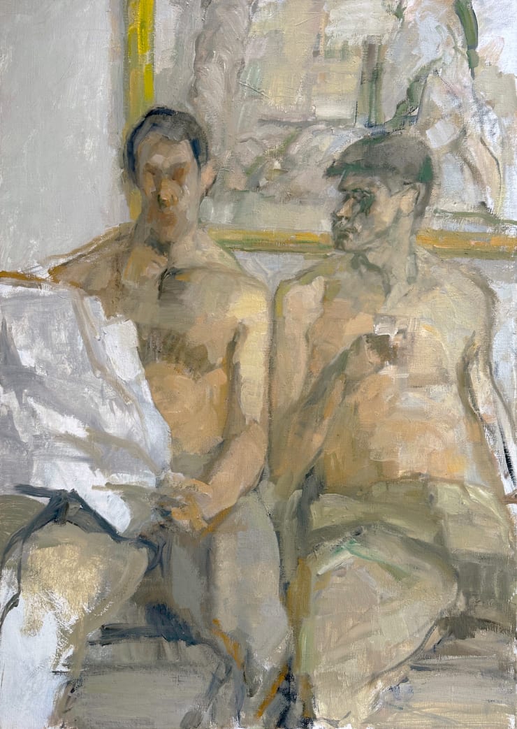 Robert Medley A Morning Cup of Tea (Derek Jarman and Friend), c.1980 Oil on canvas 110 x 80 cms 43 4/16 x 31 7/16 ins