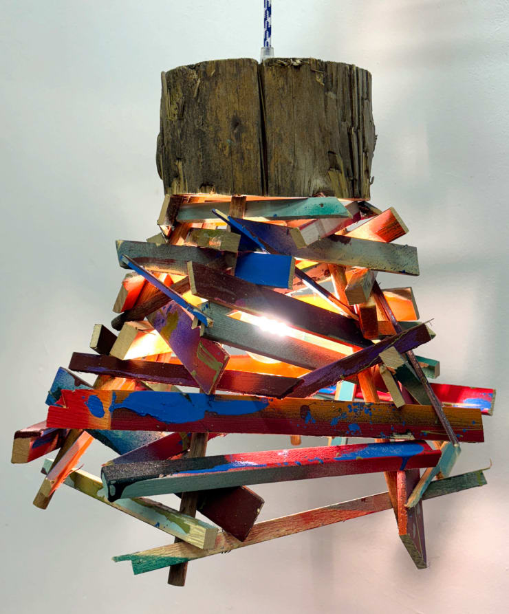 Alice Wilson Bonfire, 2025 Wood, dowel, log, lightbulb and aluminium light fitting 40cm x 45cm x 45cm