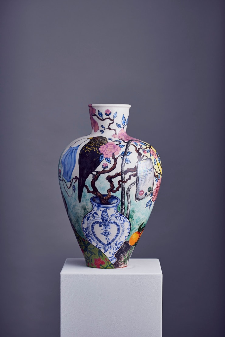 Anne Athena After the storm, 2022 Hand built ceramic vessel, under and overglaze painted with ceramic pigment and gold lustre 50 x 29 cm 19 3/4 x 11 3/8 inches