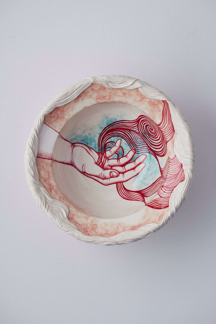 Anne Athena Reach - Receive, 2022 Hand built ceramic open shaped vessel, under and overglaze painted with ceramic pigment 33 x 15 cm 13 x 5 7/8 inches