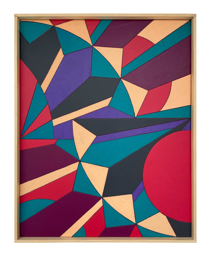 Dominic Beattie Thrones, 2024 Ink, spray paint and varnish on birch ply panel 35cm x 29cm