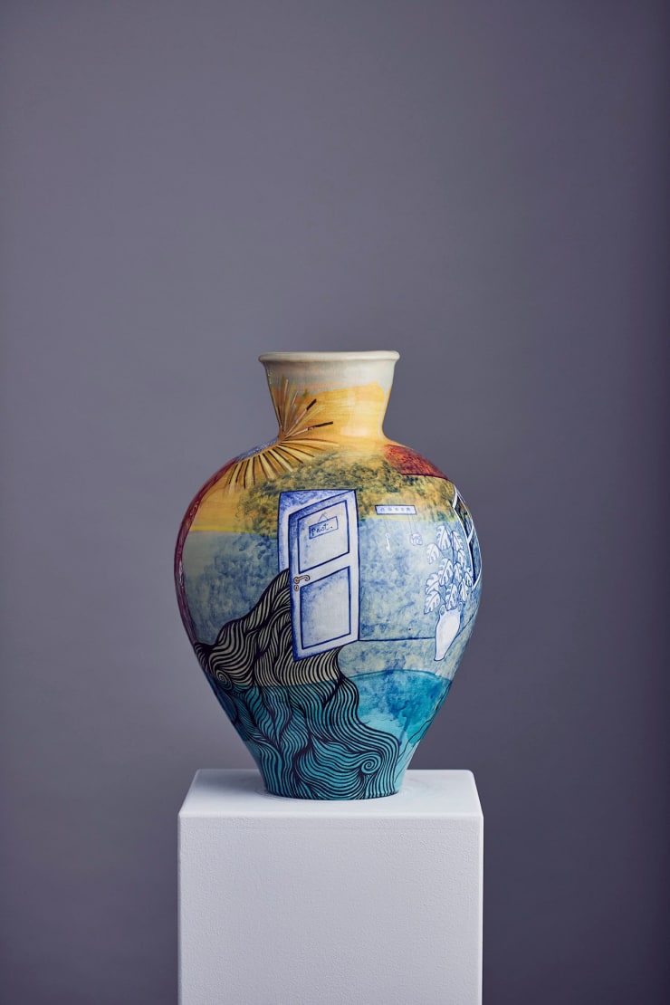 Anne Athena The White Shaman, 2022 Hand built ceramic vessel, under and overglaze painted with ceramic pigment and gold lustre 48 x 32cm