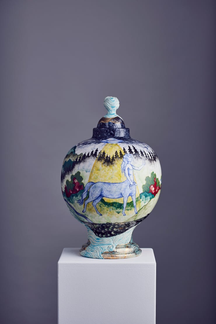 Anne Athena Are We Still Human?, 2022 Hand built ceramic vessel, under and overglaze painted with ceramic pigment and gold lustre 53 x 33cm