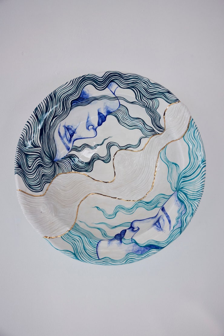 Anne Athena Mirroring, 2022 Hand built ceramic open shaped vessel, under and overglaze painted with ceramic pigment 40 x 14 cm 15 3/4 x 5 1/2 inches