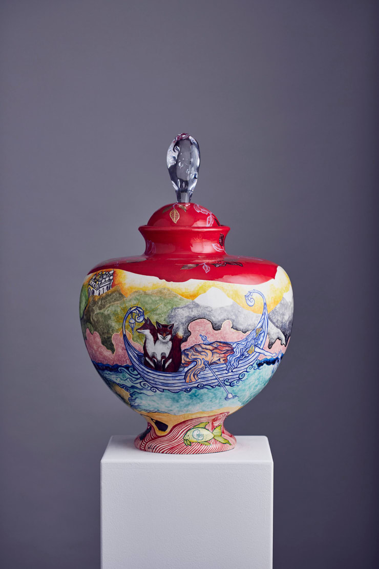 Anne Athena Born from Water, 2022 Hand built ceramic vessel with blown glass lid, under and overglaze painted with ceramic pigment and gold lustre 60 x 35cm