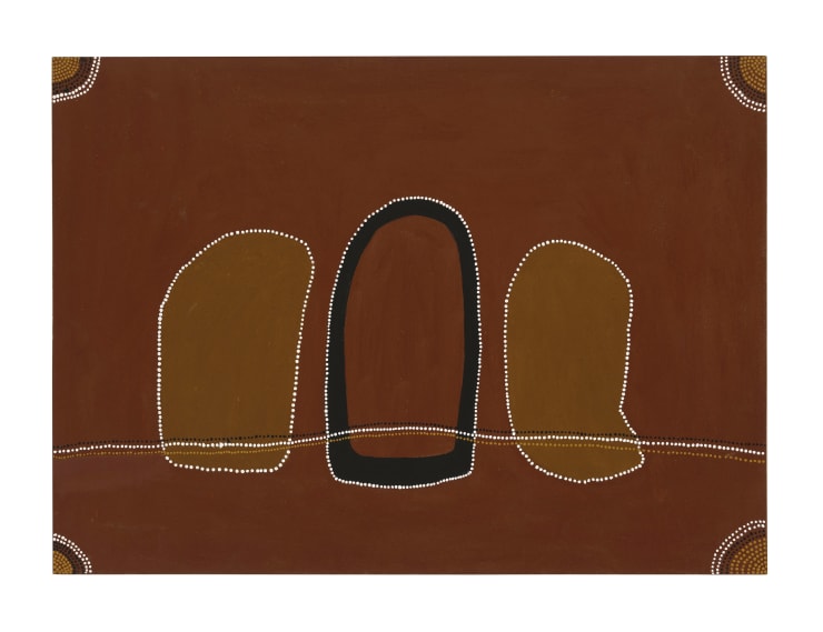 Mabel Juli Bush Turkey and Emu Dreaming Natural ochre on canvas 100 x 140 cm 39 3/8 x 55 1/8 inches