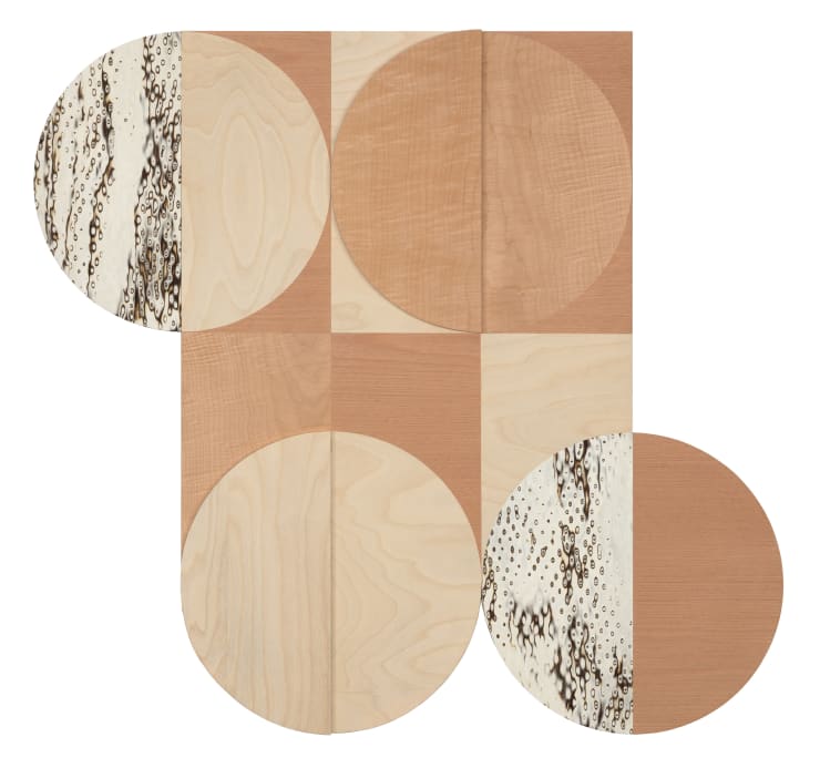 Olly Fathers Saturn Rising, 2025 Figured sycamore, birch, Karelian birch, cherry 100cm x 108cm