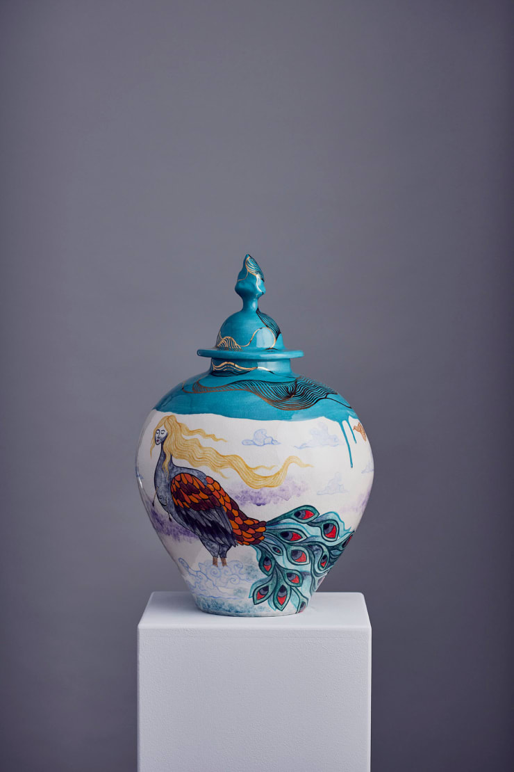 Anne Athena Healing Arts, 2022 Hand built ceramic vessel, under and overglaze painted with ceramic pigment and gold lustre 53 x 30cm