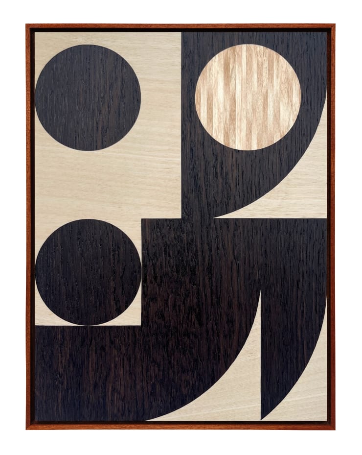 Olly Fathers Mono Shade II, 2025 Hand-cut fumed oak, birch, beech and head-shaded birch 33cm x 25cm