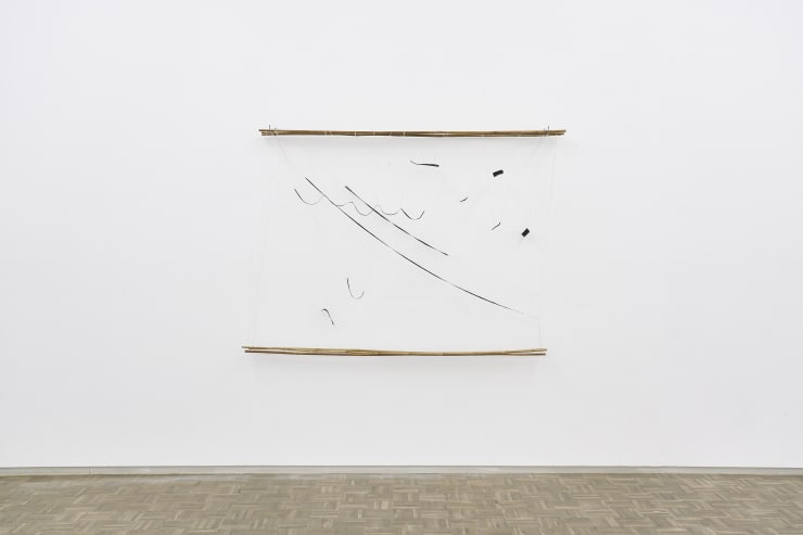 Jared Ginsburg Hanging Drawings XXVIII, XXIX, XXX, 2020 Bamboo, rubber, string, jewellers wire and wooden box 210.5 x 14.5 x 15 cm ; installation approx 150 x 205 x 30 cm