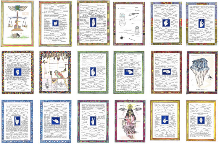 Markus Redl Apostasie - Das Abendland kommt aus dem Morgenland (2), 2015-2016 Ink, typewriter, crayon, paper, 36 pieces each 23 x 31 cm each 9 1/8 x 12 1/4 in