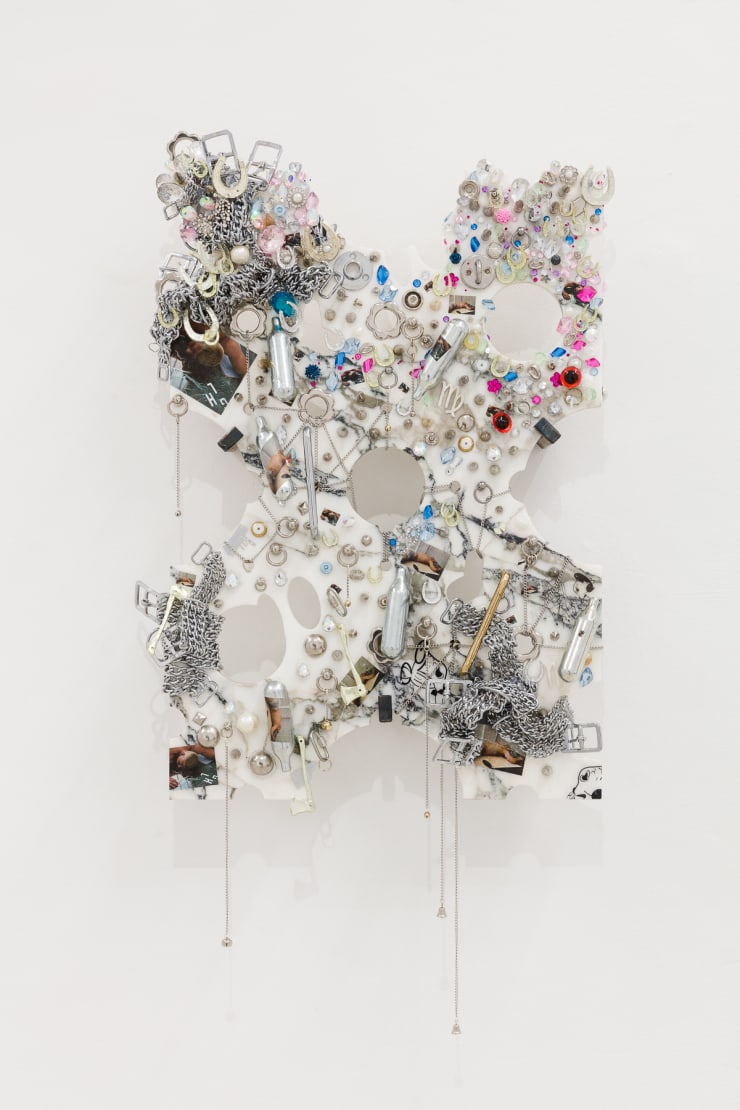 George Henry Longly Promo V, 2019 Marble, metal chains, nitrous oxide, photographs, plastic 82 x 42 x 2 cm 32 1/4 x 16 1/2 x 3/4 in