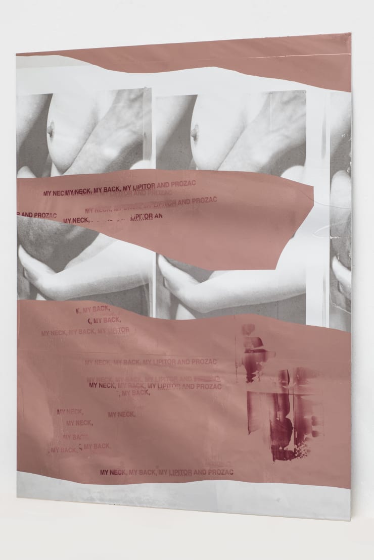 Hannah Perry Keep In Touch, 2018 Screen print, car heat wrap, paint, lacquer on aluminium 120 x 99 cm 47 1/4 x 39 in