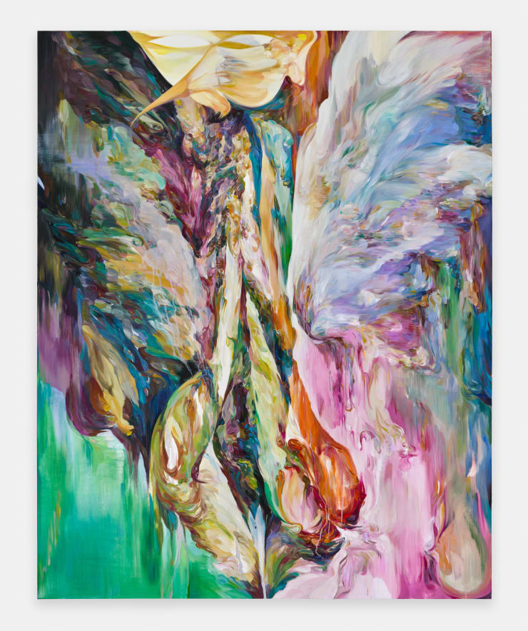 YaYa Yajie Liang There was a sudden sunburst in my head. And then black night. That blackness was sublime. I felt distributed through space and time: One foot upon a mountaintop, one hand Under the pebbles of a panting strand, One ear in Italy, one eye in Spain, In caves, my blood, and in the stars, my brain. They were dull throbs in my Triassic; green Optical spots in Upper Pleistocene, An icy shiver down my Age of Stone, And all tomorrows in my funnybone., 2024 Oil on canvas 200 x 160 cm.; 78 3/4 x 63 in. photo credits to Eva Herzog Studio