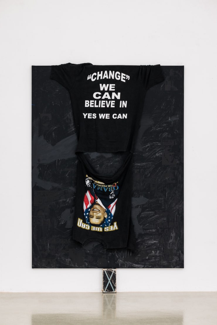 Allen-Golder Carpenter Black on Both Sides, 2025 Acrylic paint and Silkscreen on canvas, cotton shirt, VHS cassette, 180 x 160 cm 70 9/10 x 62 9/10 in