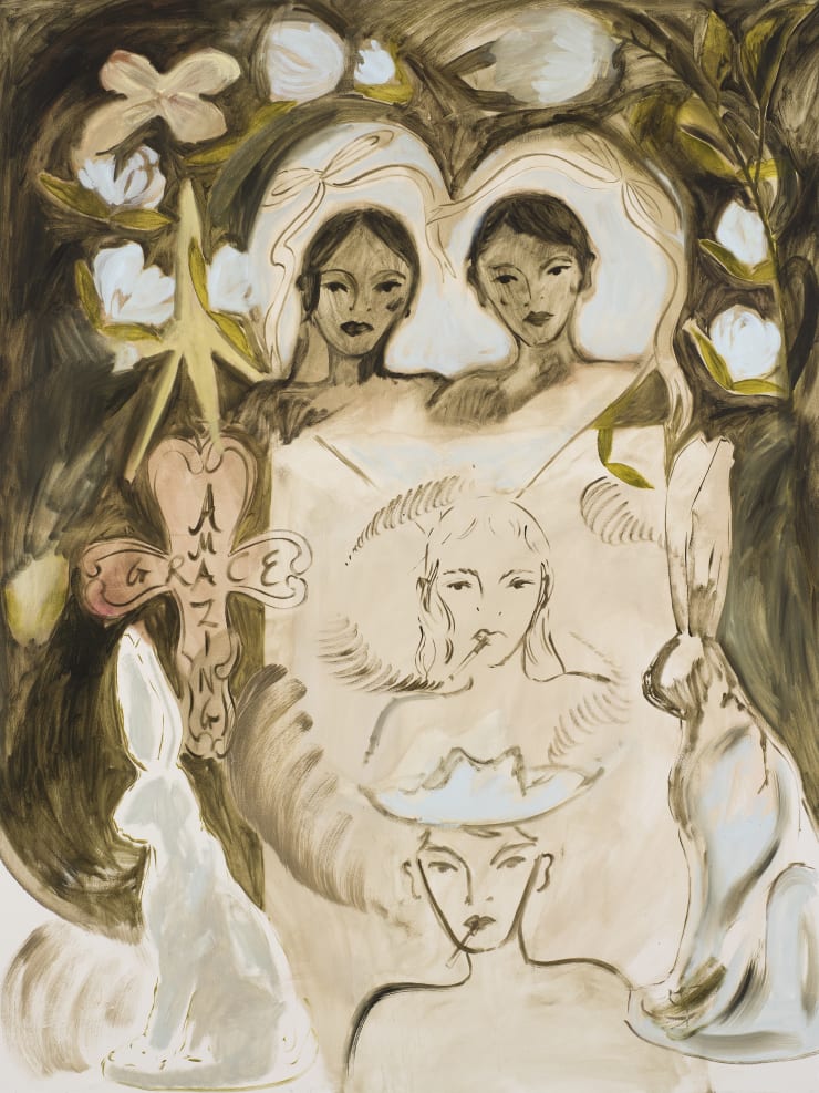 Faye Wei Wei I Once Fell in Love with a Boy From Paris // Who Worked in a Funeral Parlour // Selling Sad Flowers, 2019 Oil on Canvas 183 x 137 cm 720 1/2 x 539 3/8 in