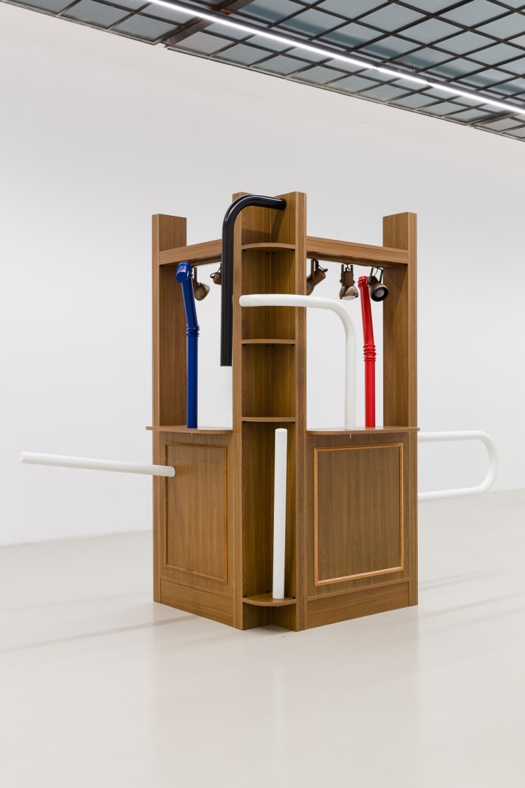 George Henry Longly Express Delivery, 2019 wooden bar, bollards (Bollards Provenance: Palais de Tokyo) 230 x 280 x 120 cm 90 1/2 x 110 1/4 x 47 1/4 in