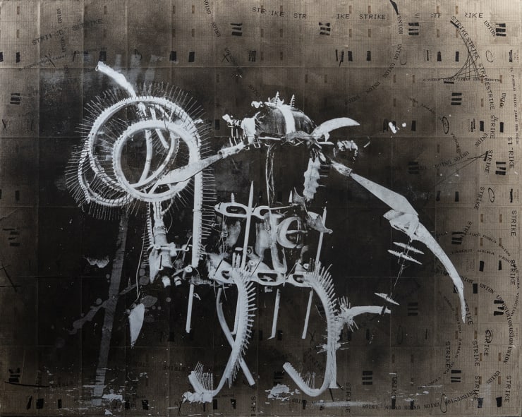 Rodrigo Valenzuela Weapons #15, 2021 Screenprint and acrylic on collaged time cards on canvas 121.9 x 152.4 cm 48 x 60 in
