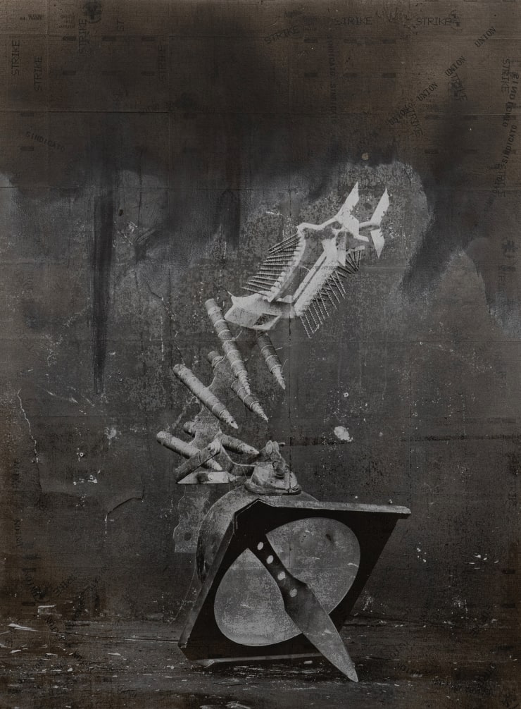 Rodrigo Valenzuela Weapons #3, 2021 Screenprint and acrylic on collaged time cards on canvas 121.9 x 91.4 cm 48 x 36 in