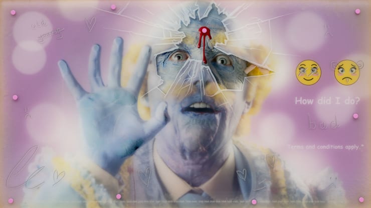 Rachel Maclean How did I do? Bad, 2021 Digital print on acrylic 200 x 113 cm 78 3/4 x 44 1/2 in