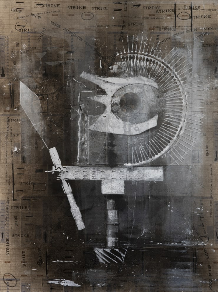Rodrigo Valenzuela Weapons #22, 2021 Screenprint and acrylic on collaged time cards on canvas 121.9 x 91.4 cm 48 x 36 in