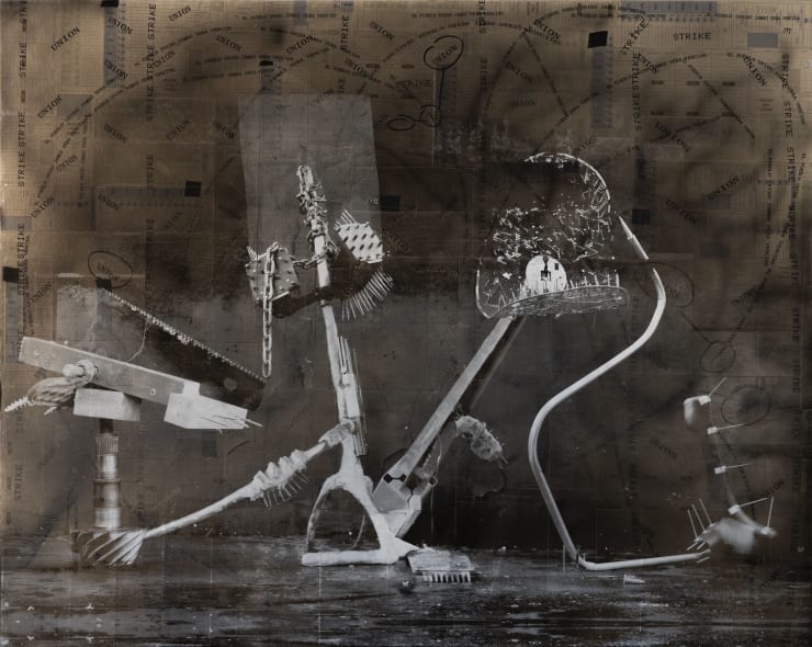 Rodrigo Valenzuela Weapons #25, 2021 Screenprint and acrylic on collaged time cards on canvas 121.9 x 152.4 cm 48 x 60 in