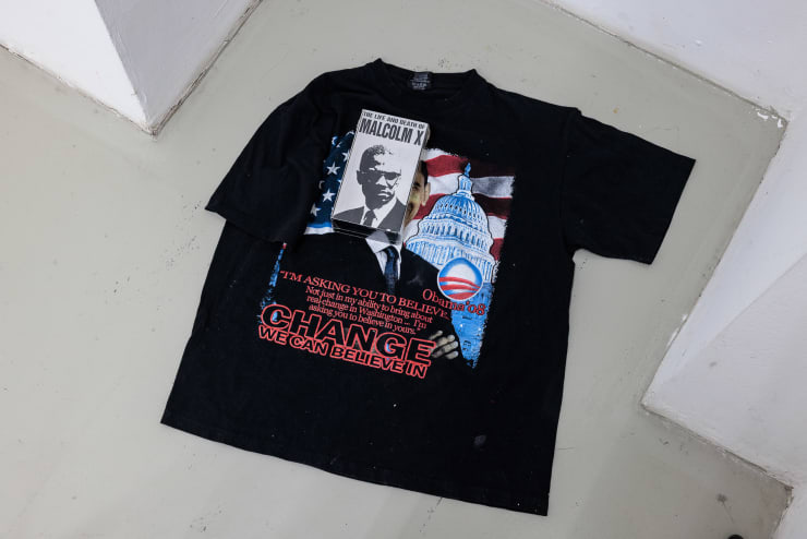 Allen-Golder Carpenter untitled (44), 2025 cotton shirt, VHS cassette 67 x 65 x 5 cm