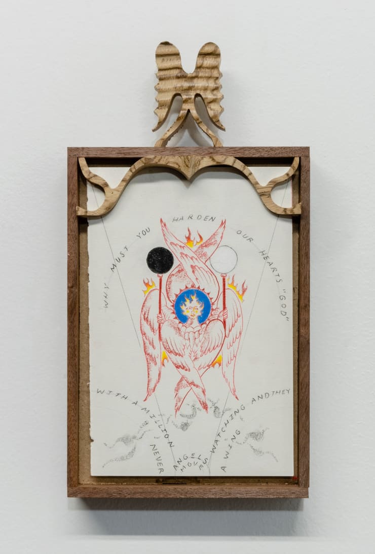 Harry Gould Harvey IV Seraphim Blinded In A World Ablaze, 2020 Black Walnut from the Newport Mansions, reclaimed zebra wood, MDF, Colored pencil and charcoal on paper 30.48 × 16.51 × 5.08 cm 12 × 6 ½ × 2 in.